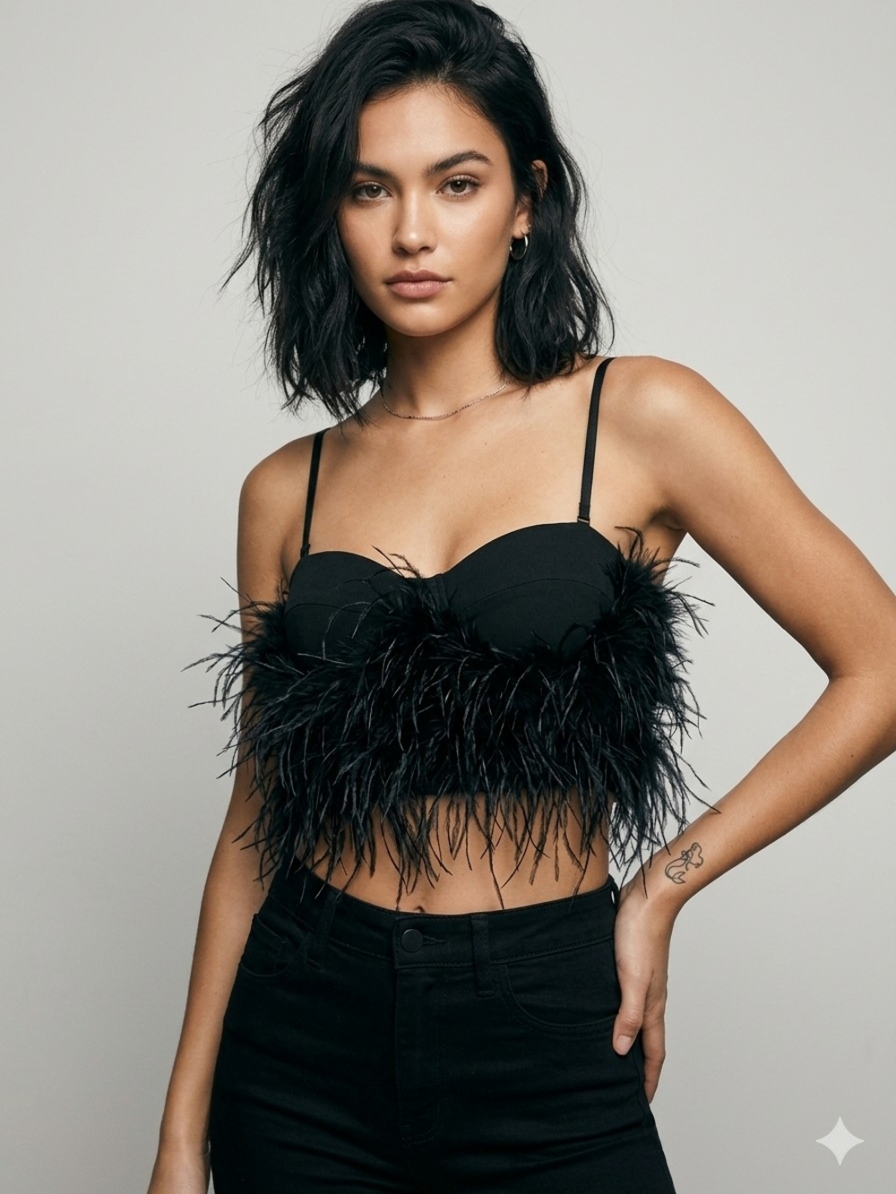 Fashion Nova Black Feather-Trim Crop Corset (Size M)
